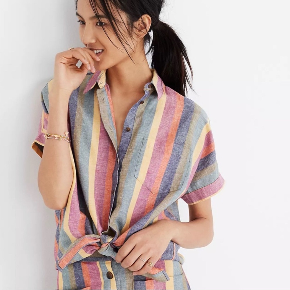 Madewell Linen-blend Short-Sleeved Tie-Front Striped Rainbow Blouse